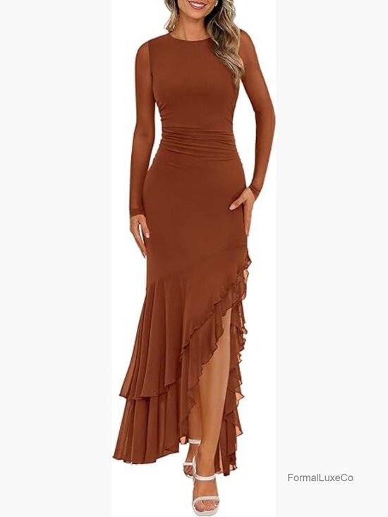 Dresses & Skirts - Elegant Long Sleeve Ruched Mermaid Maxi Dress Cocktail Wedding Guest